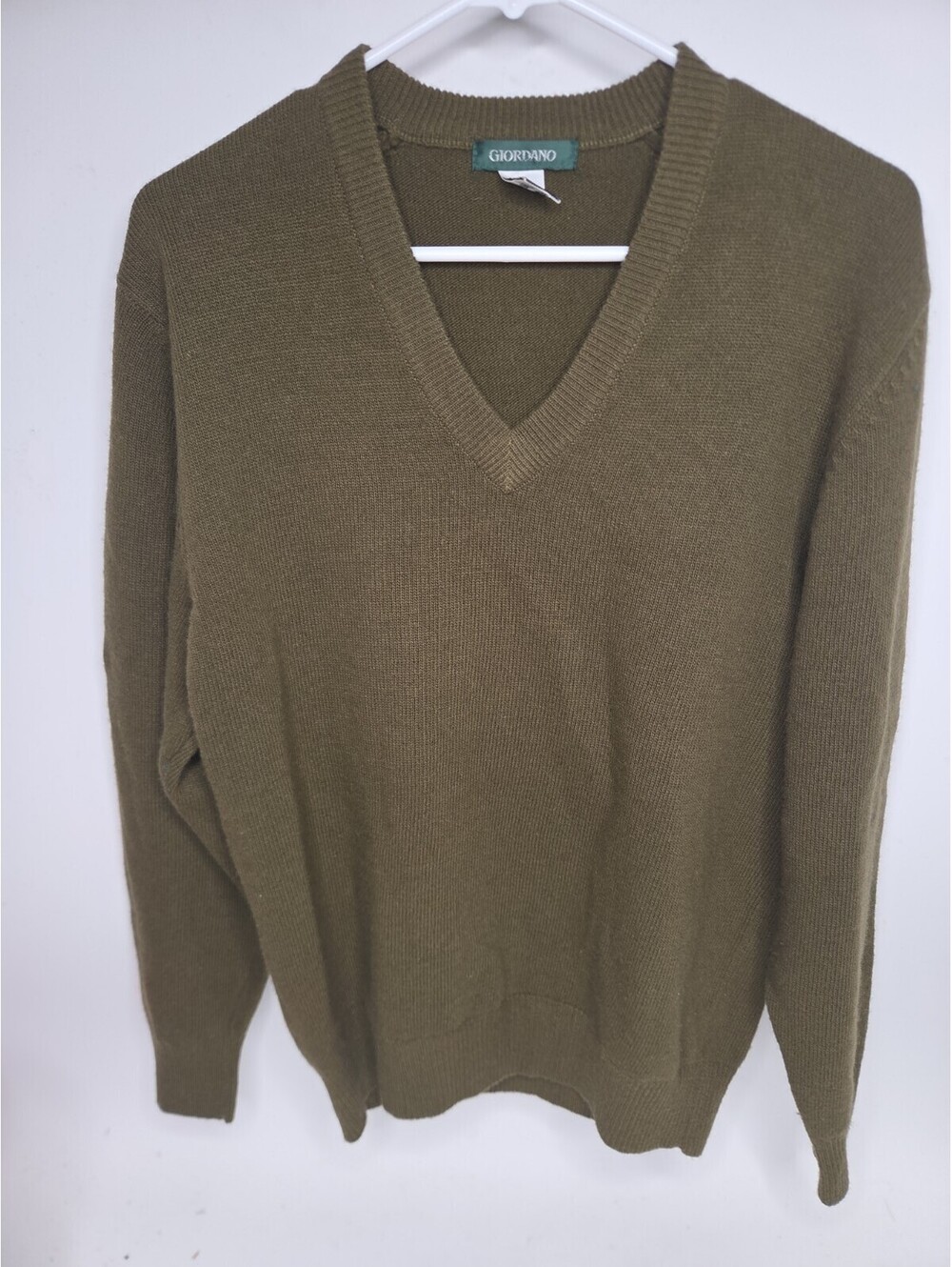 Giordano Vintage Sweater Womens M Green V Neck Pullover Brown 100% Pure Wool